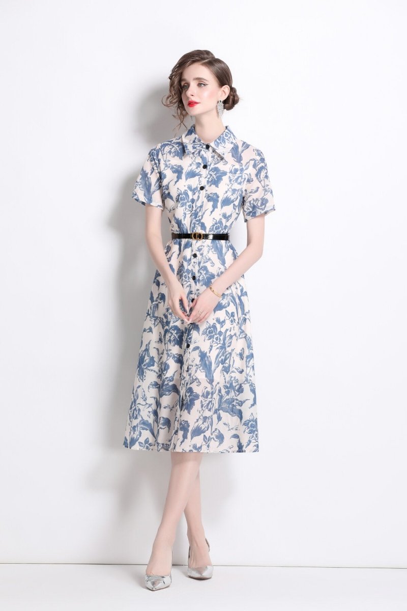 Floral Cinched Waist A Line Work Shirt Dress - 0cm