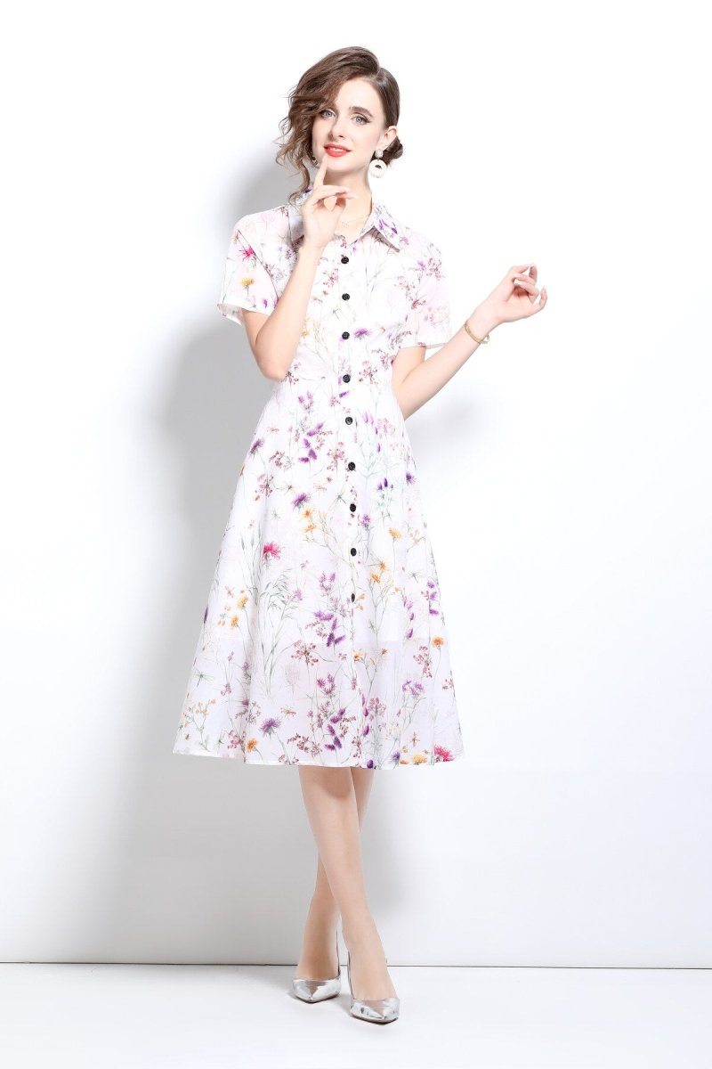 Floral Cinched Waist A Line Work Shirt Dress - 0cm