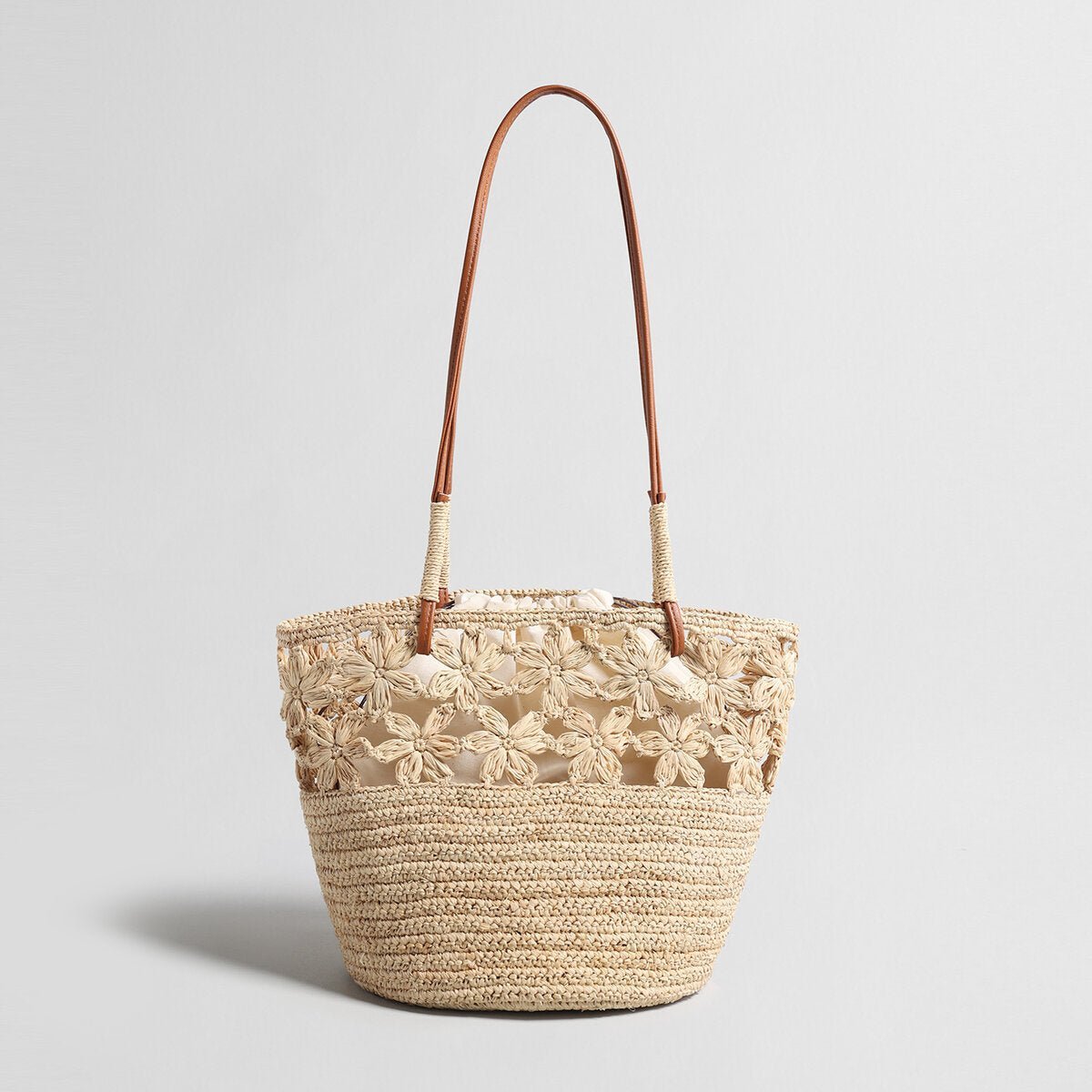 Floral Crochet Woven Straw Tote Bag – Marte Grass Leather Trim Shoulder Bag