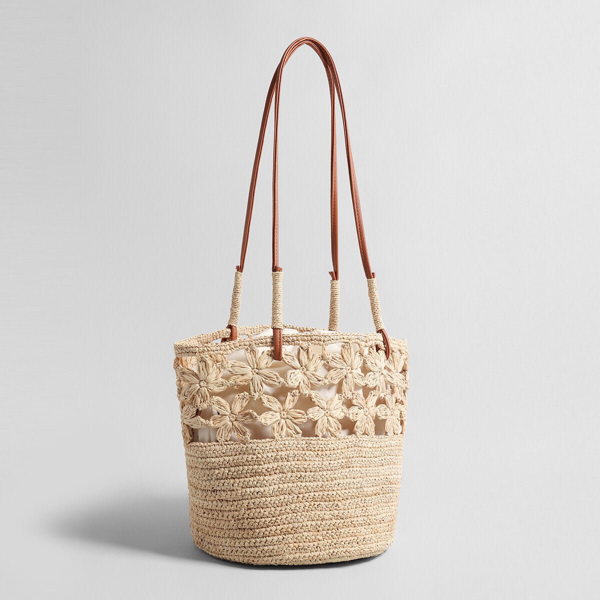 Floral Crochet Woven Straw Tote Bag – Marte Grass Leather Trim Shoulder Bag