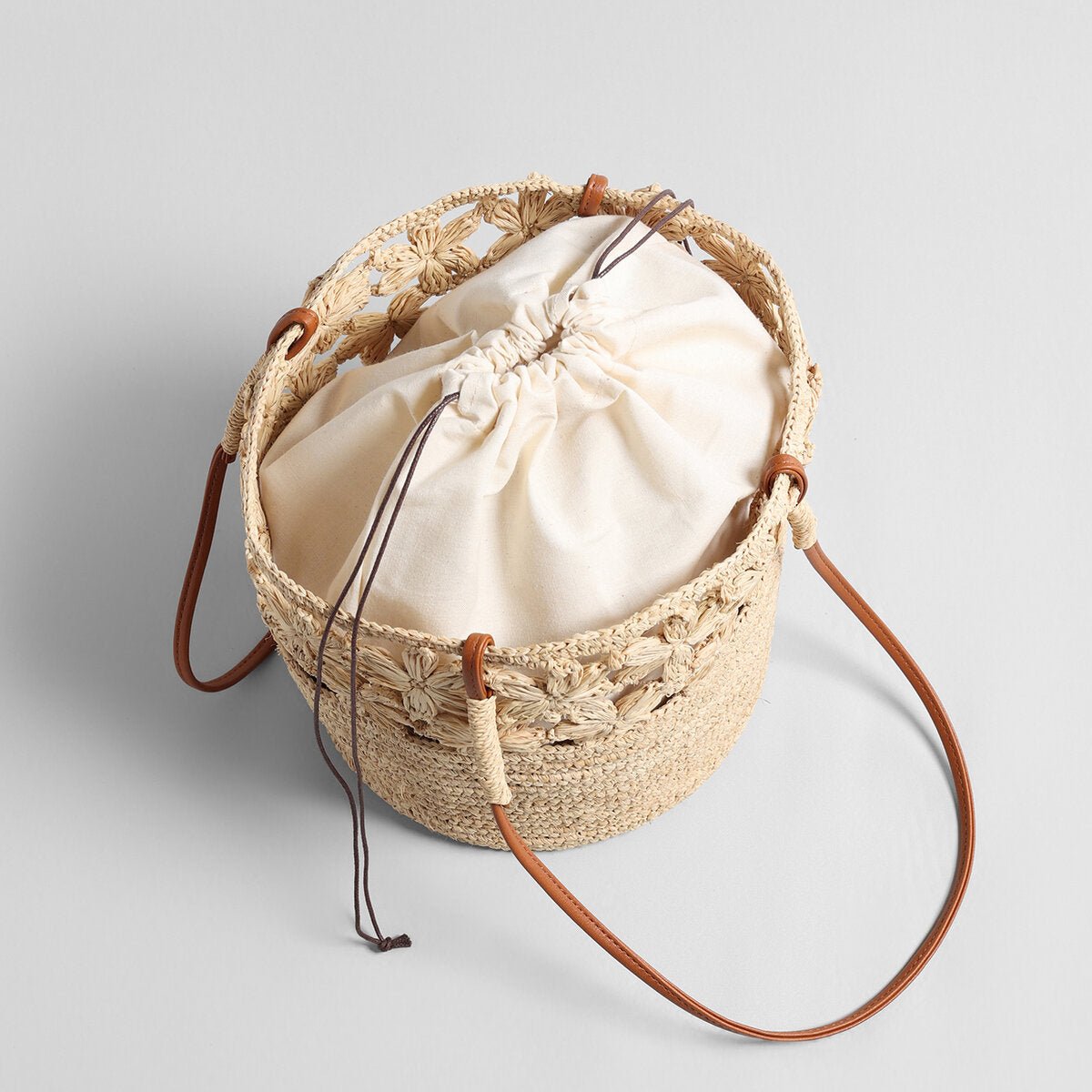 Floral Crochet Woven Straw Tote Bag – Marte Grass Leather Trim Shoulder Bag