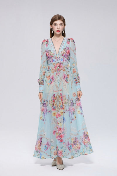Floral Damask Print Deep V-Neck Maxi Dress with Puff Sleeves and Empire Waist Trim