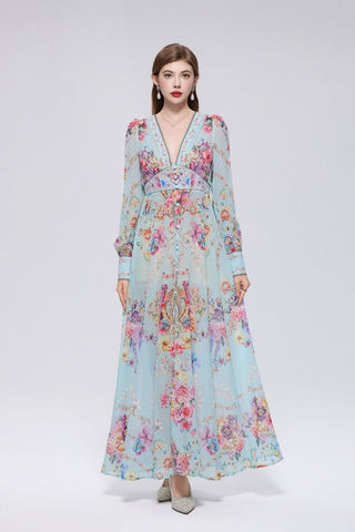Floral Damask Print Deep V-Neck Maxi Dress with Puff Sleeves and Empire Waist Trim