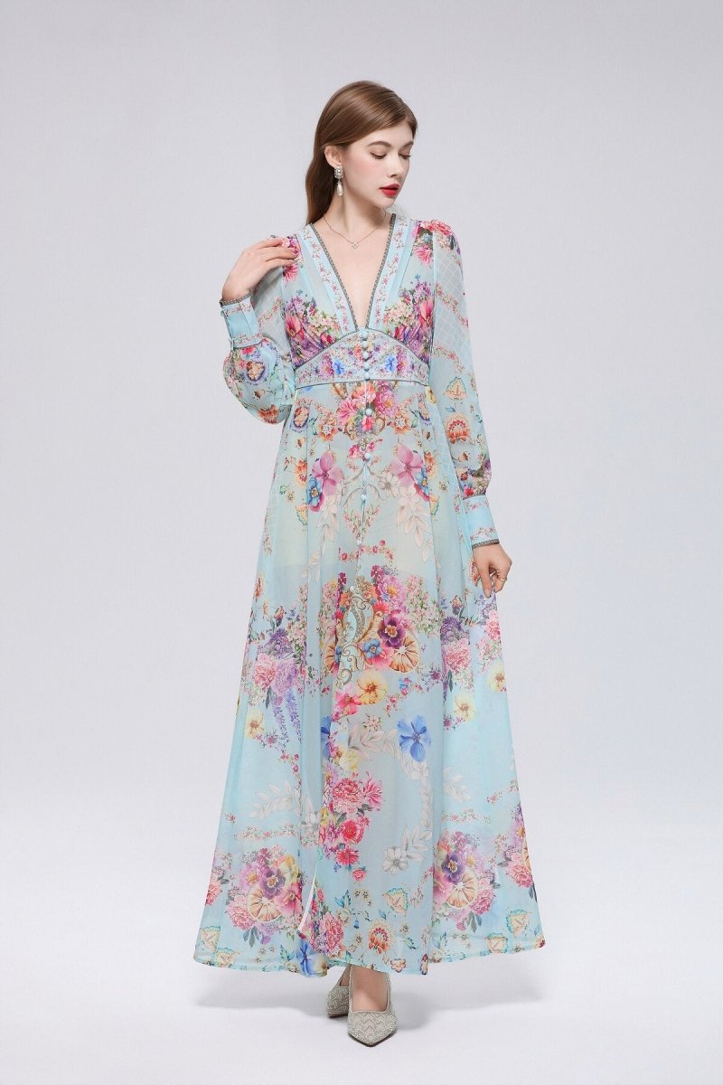 Floral Damask Print Deep V-Neck Maxi Dress with Puff Sleeves and Empire Waist Trim
