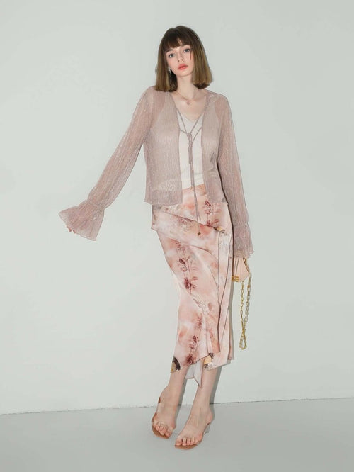 Floral Gradient Panel Asymmetrical Hem Satin Skirt - 0cm