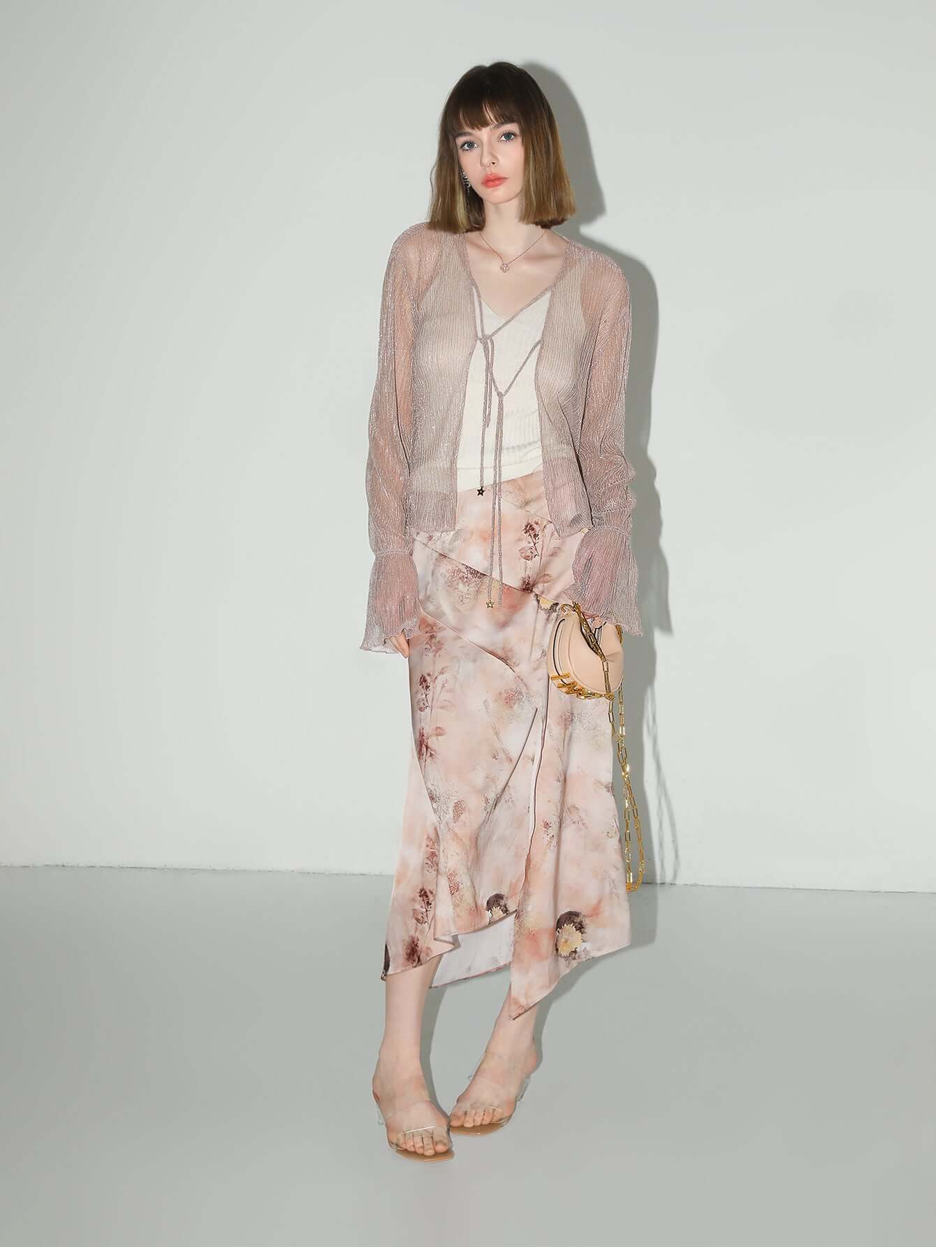 floral gradient panel asymmetrical hem satin skirt all pink 2