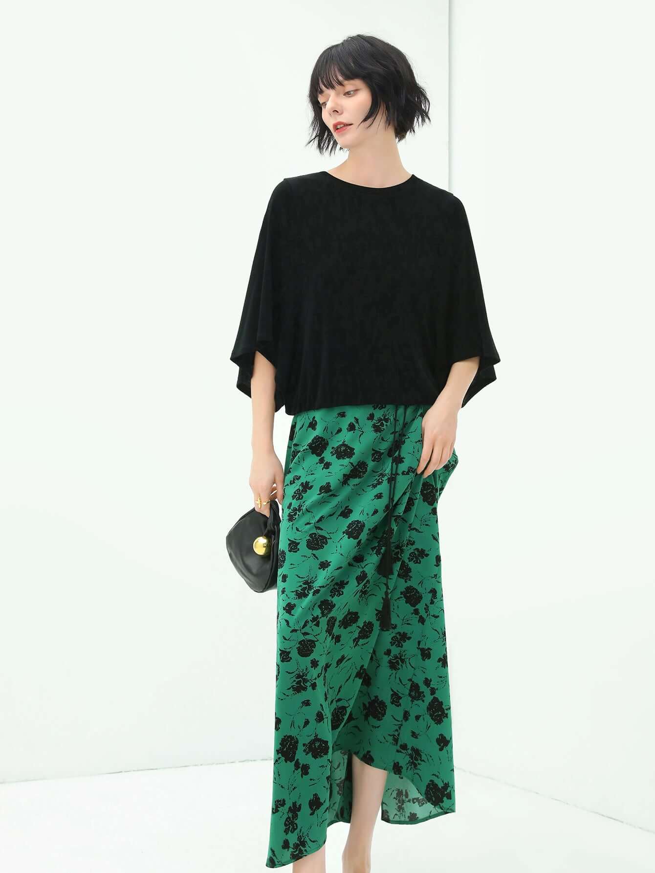 floral green and black high waist midi skirt all green 2