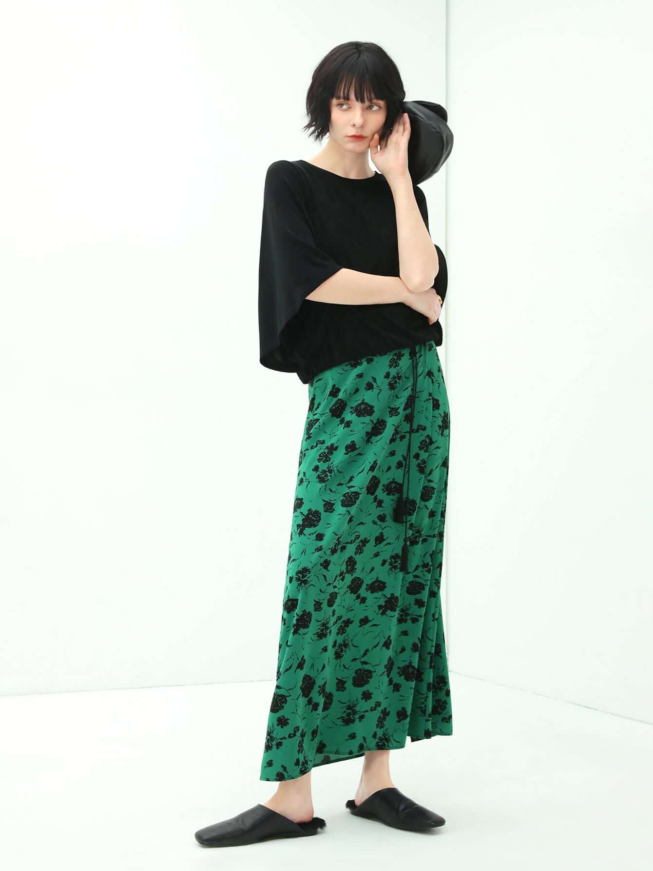 floral green and black high waist midi skirt all green 3