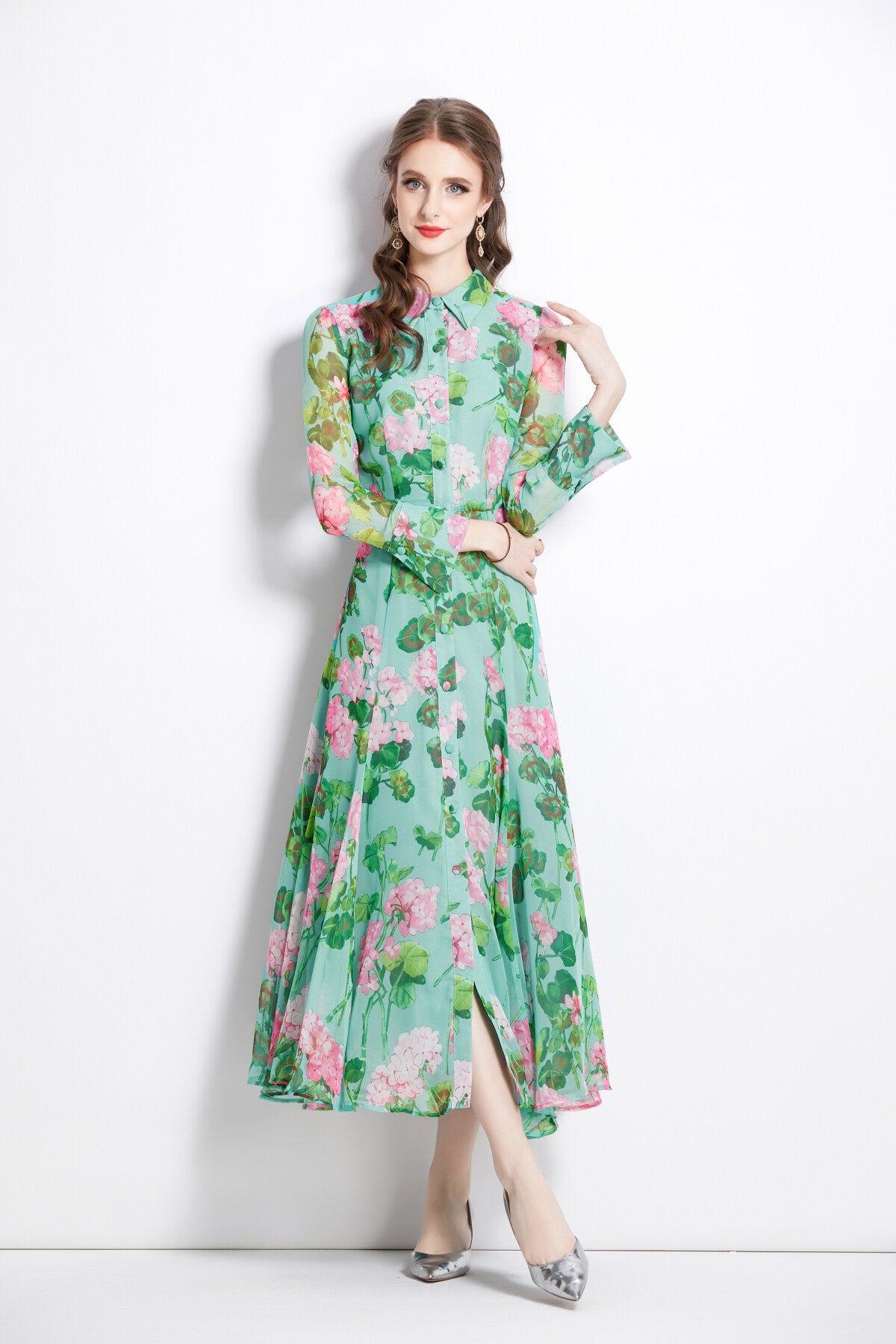 floral green flared waist cinching long sleeve shirt dress all green 2