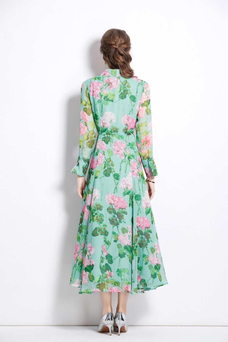 Floral Green Flared Waist Cinching LongSleeve Shirt Dress - 0cm