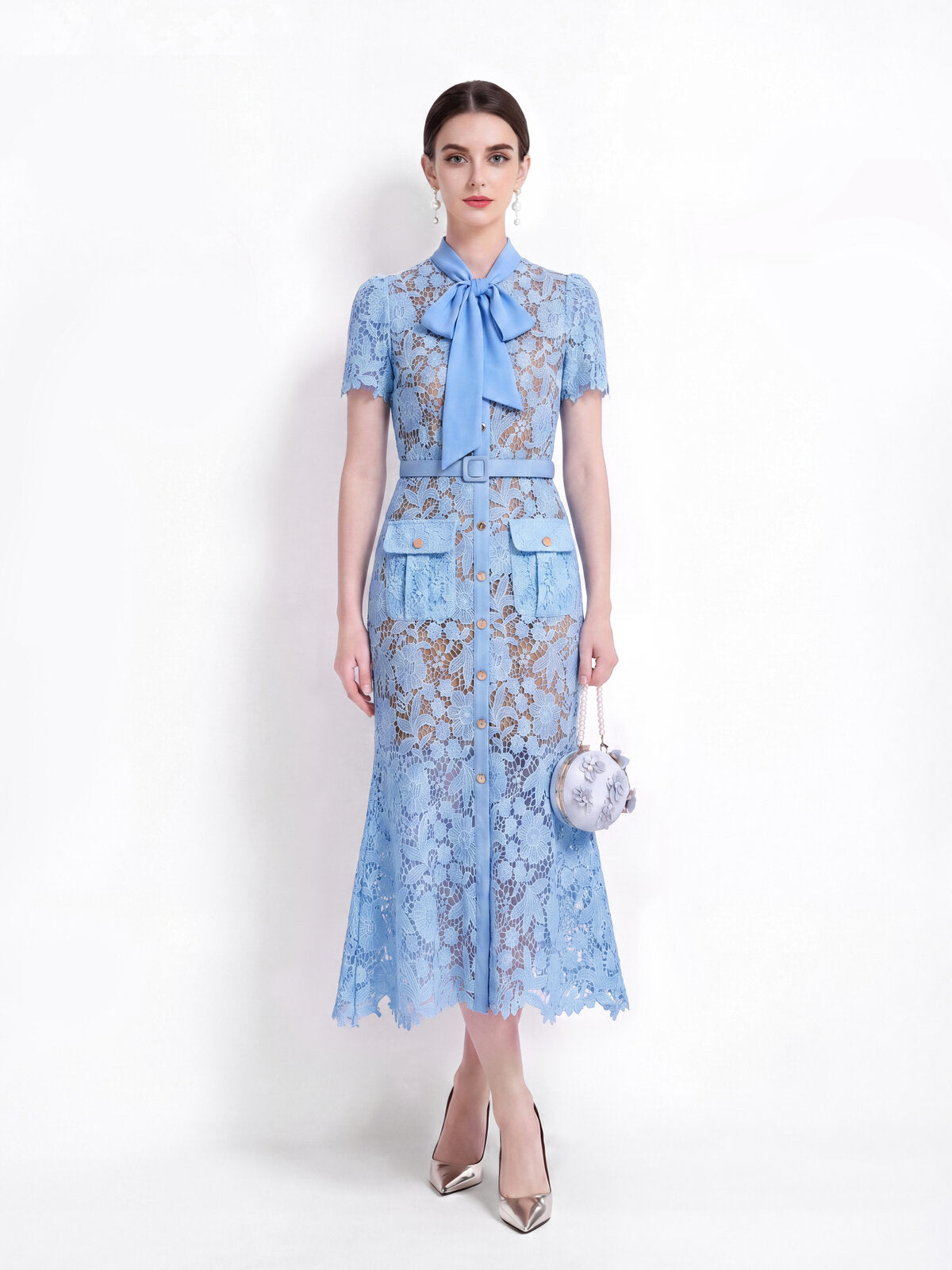 Floral Guipure Lace Bow-Tie Collar Mermaid Midi Dress with Flap Pockets and Belt