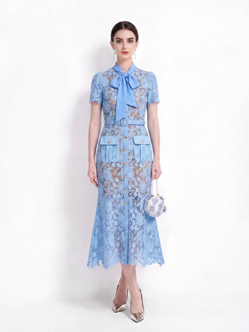 Floral Guipure Lace Bow-Tie Collar Mermaid Midi Dress with Flap Pockets and Belt