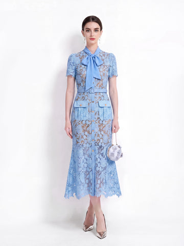 Floral Guipure Lace Bow-Tie Collar Mermaid Midi Dress with Flap Pockets and Belt