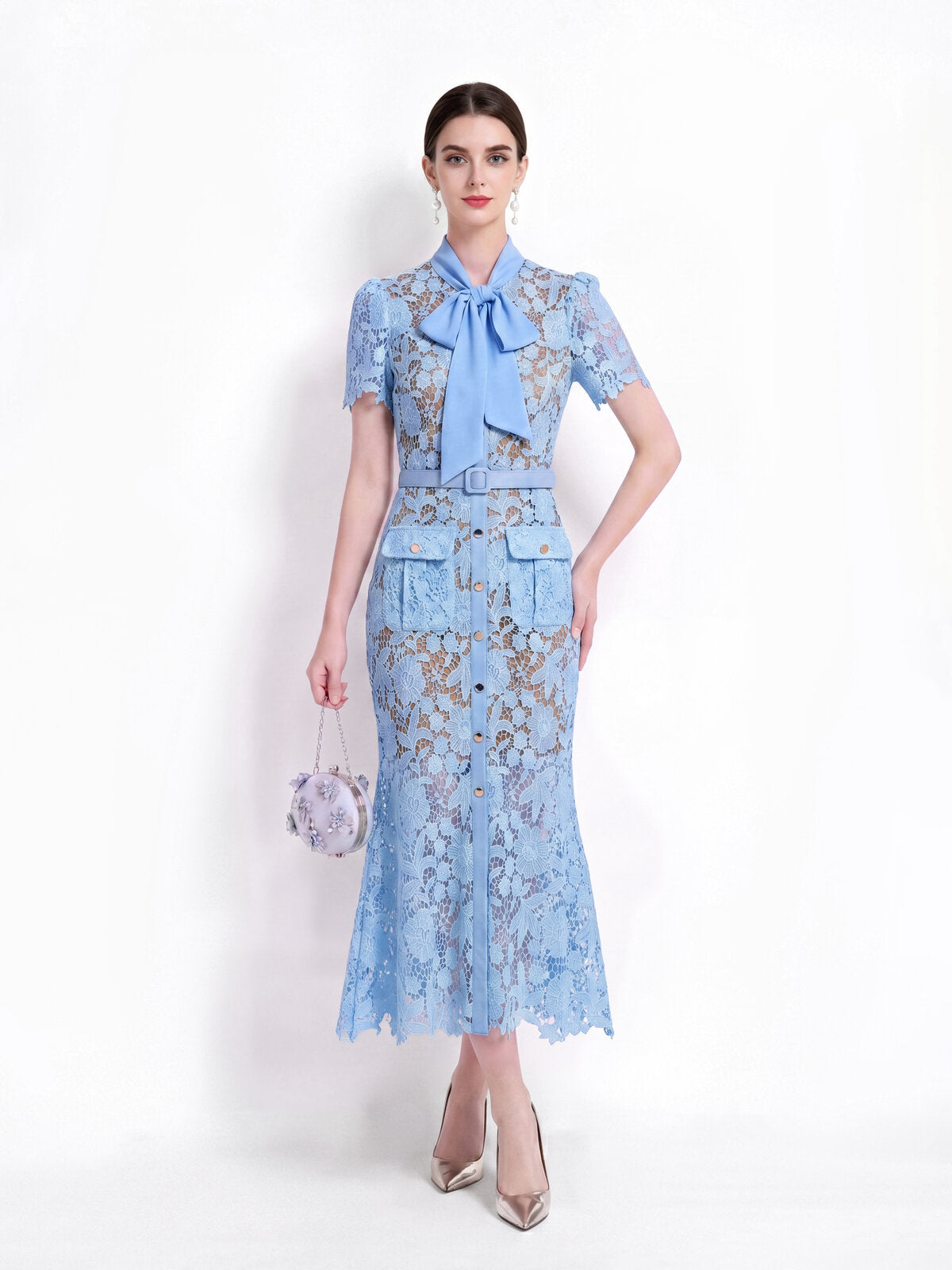 Floral Guipure Lace Bow-Tie Collar Mermaid Midi Dress with Flap Pockets and Belt