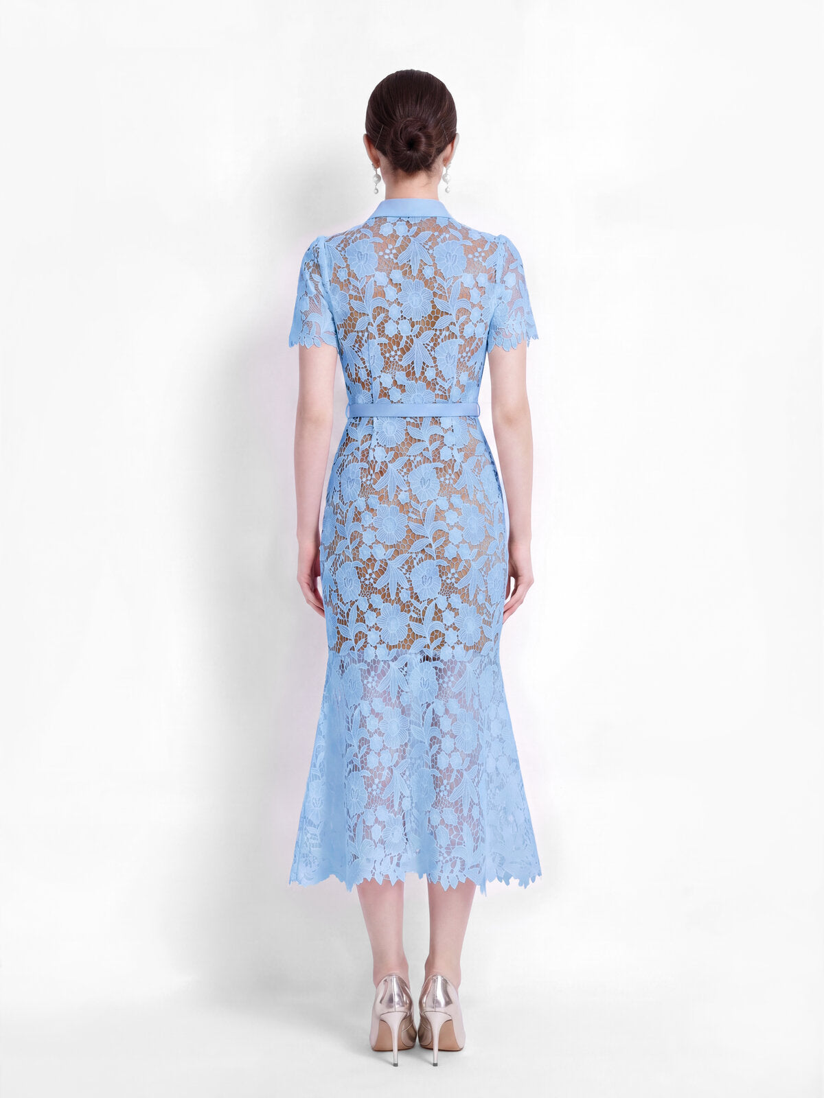 Floral Guipure Lace Bow-Tie Collar Mermaid Midi Dress with Flap Pockets and Belt
