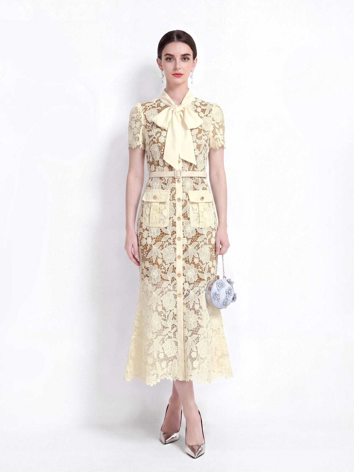 Floral Guipure Lace Bow-Tie Collar Mermaid Midi Dress with Flap Pockets and Belt