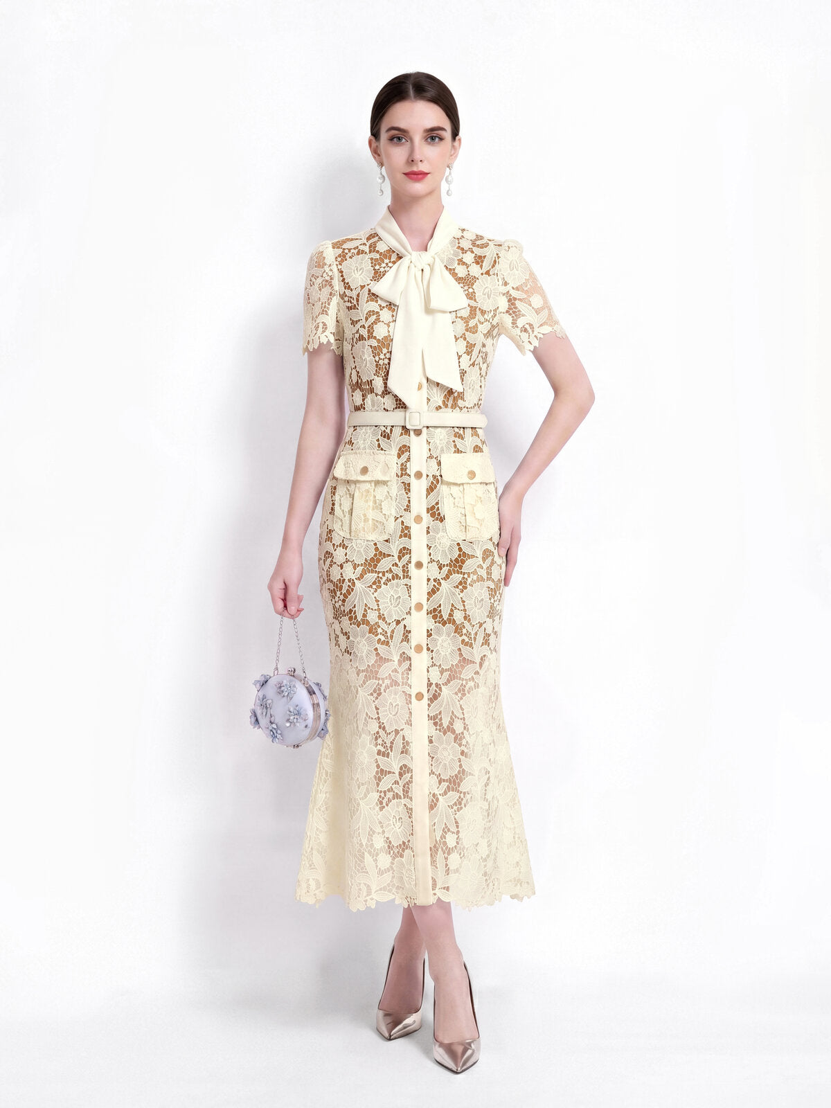 Floral Guipure Lace Bow-Tie Collar Mermaid Midi Dress with Flap Pockets and Belt
