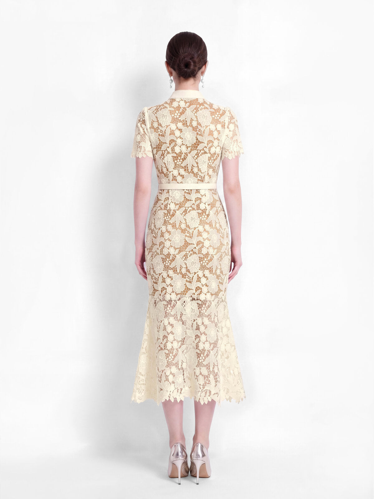 Floral Guipure Lace Bow-Tie Collar Mermaid Midi Dress with Flap Pockets and Belt