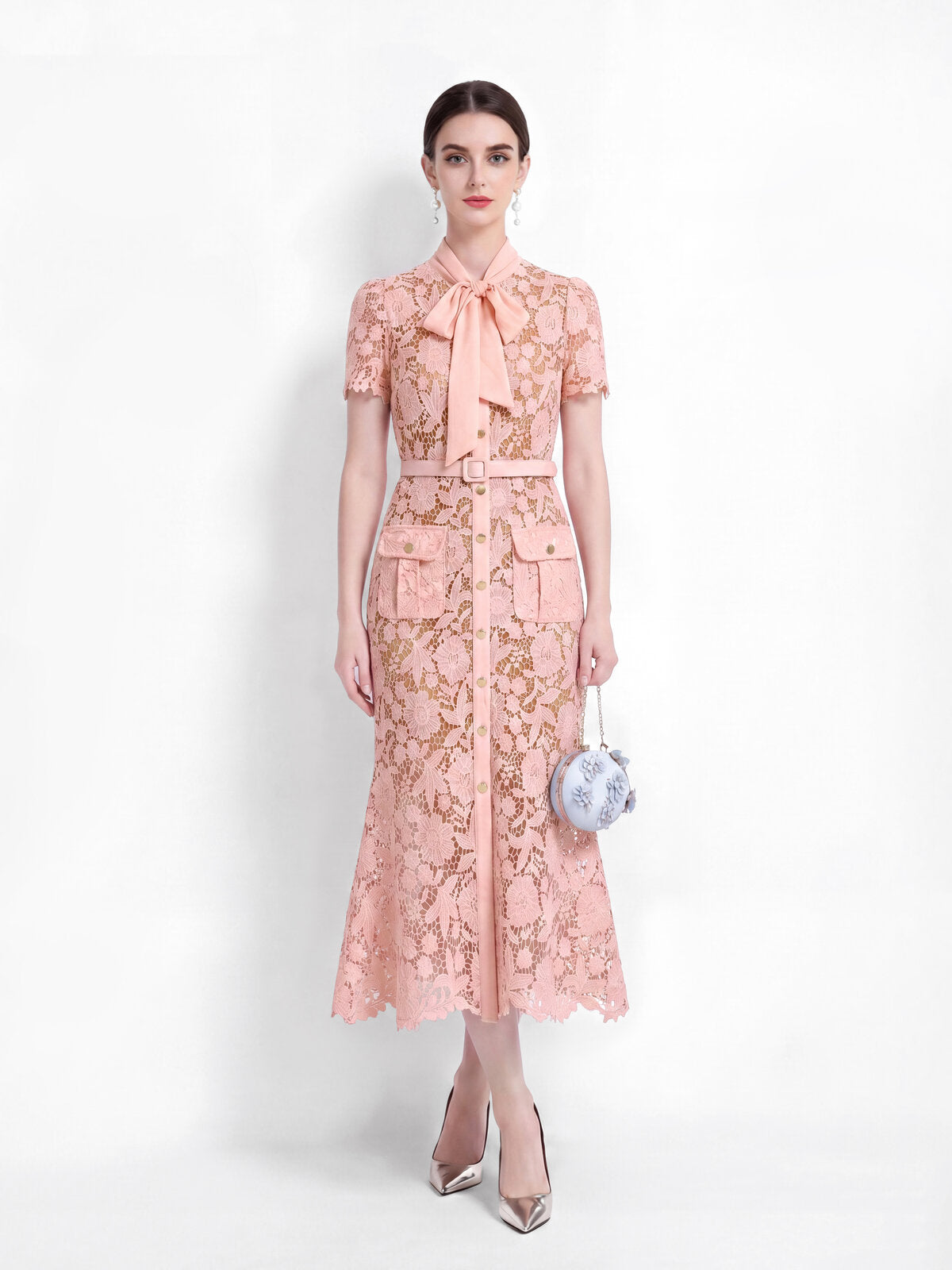 Floral Guipure Lace Bow-Tie Collar Mermaid Midi Dress with Flap Pockets and Belt