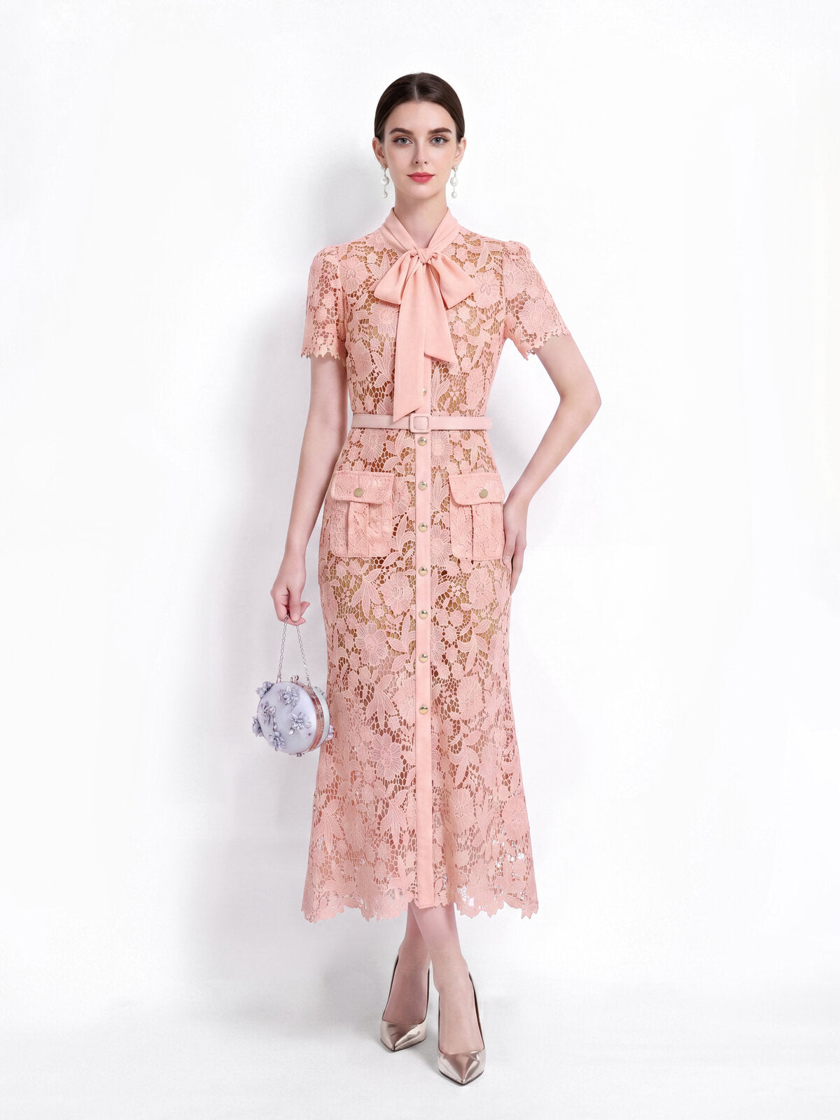 Floral Guipure Lace Bow-Tie Collar Mermaid Midi Dress with Flap Pockets and Belt