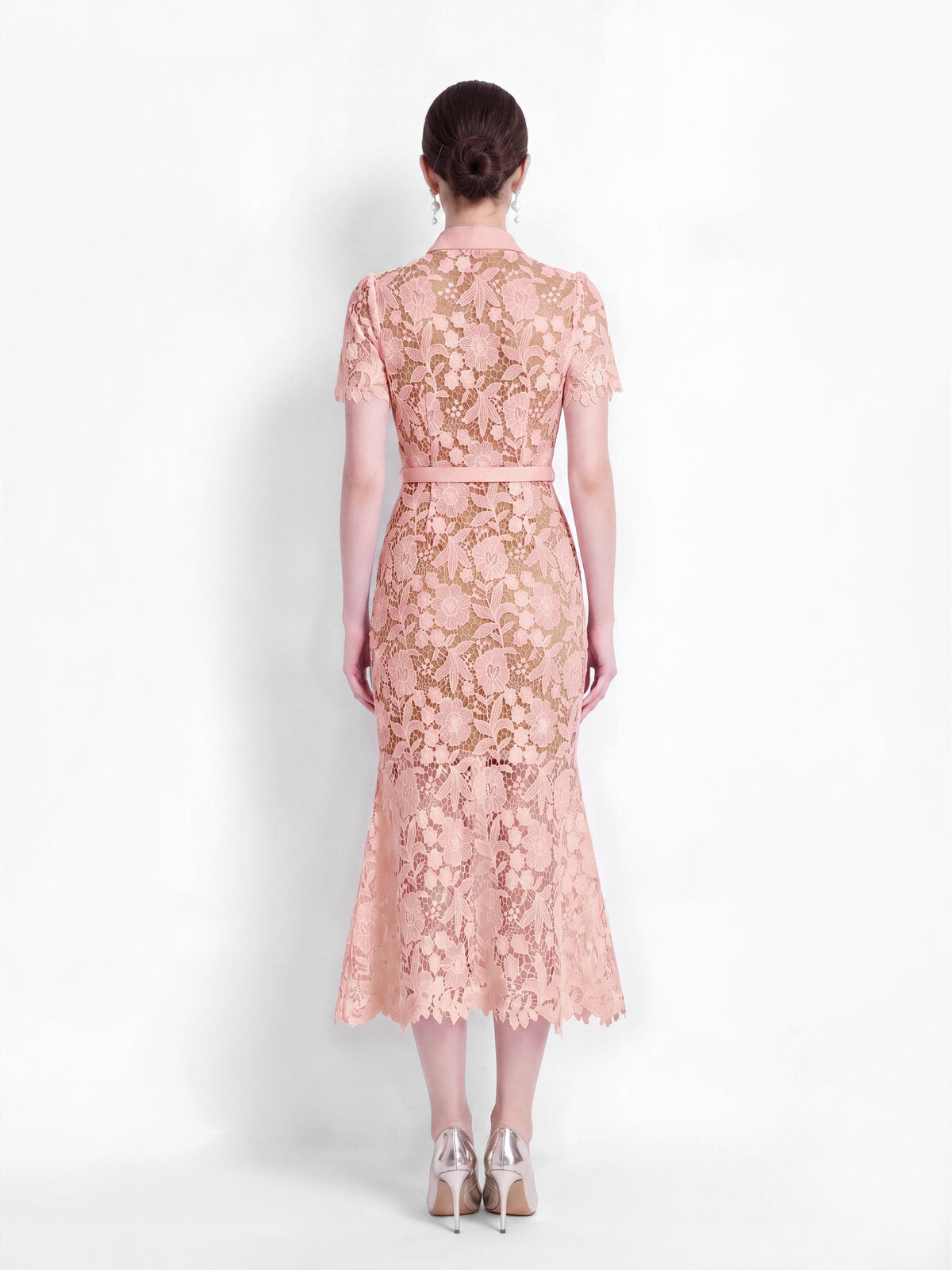 Floral Guipure Lace Bow-Tie Collar Mermaid Midi Dress with Flap Pockets and Belt
