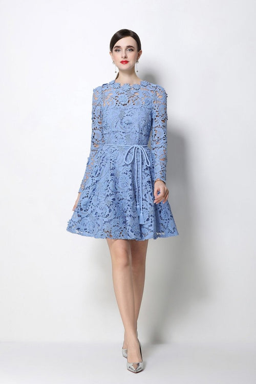 Floral Guipure Lace Long-Sleeve Fit-and-Flare Mini Dress with Rope Tie Belt