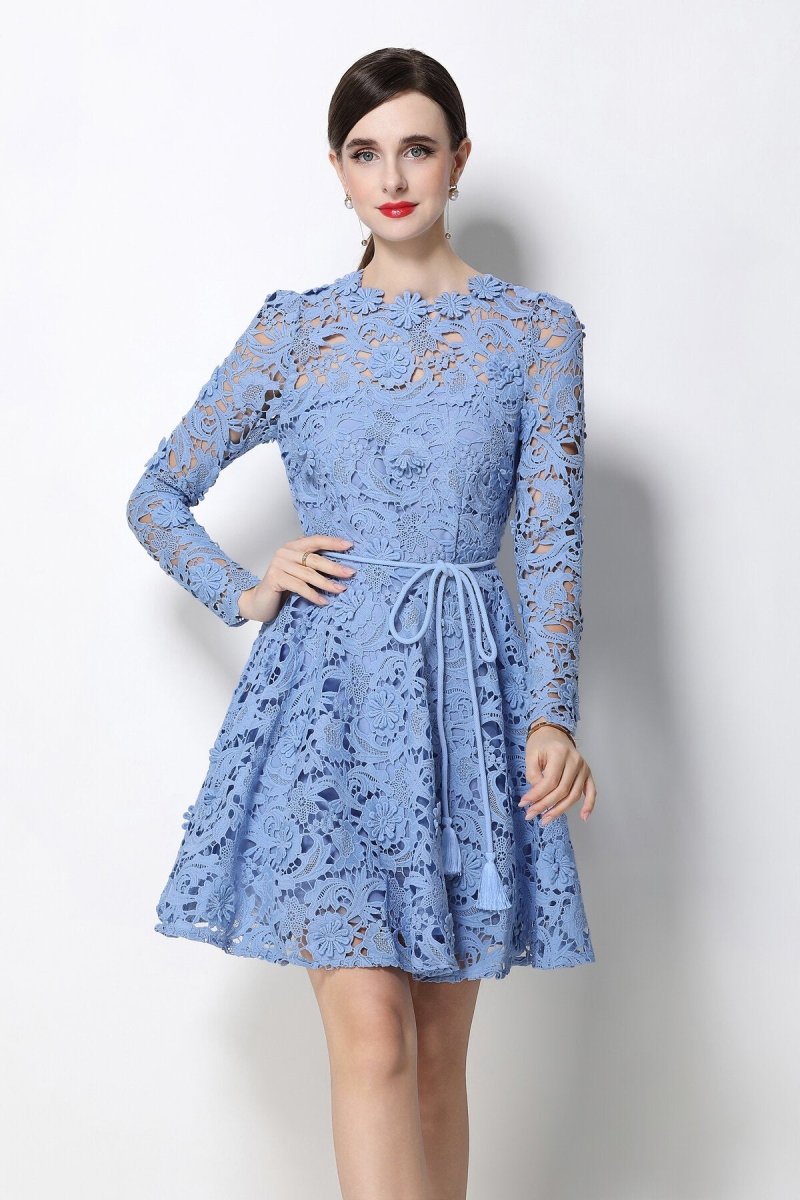 Floral Guipure Lace Long-Sleeve Fit-and-Flare Mini Dress with Rope Tie Belt