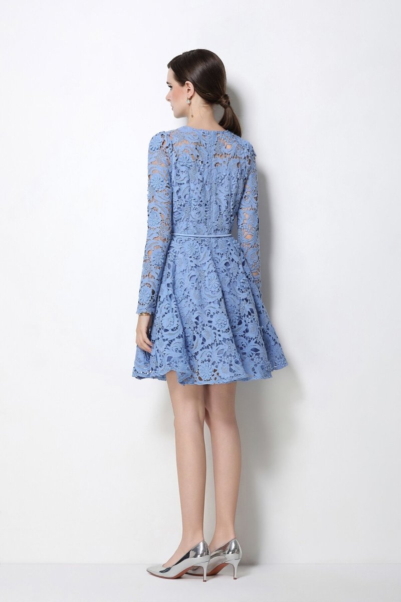 Floral Guipure Lace Long-Sleeve Fit-and-Flare Mini Dress with Rope Tie Belt