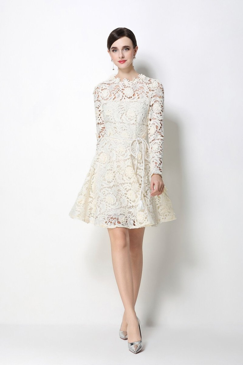 Floral Guipure Lace Long-Sleeve Fit-and-Flare Mini Dress with Rope Tie Belt
