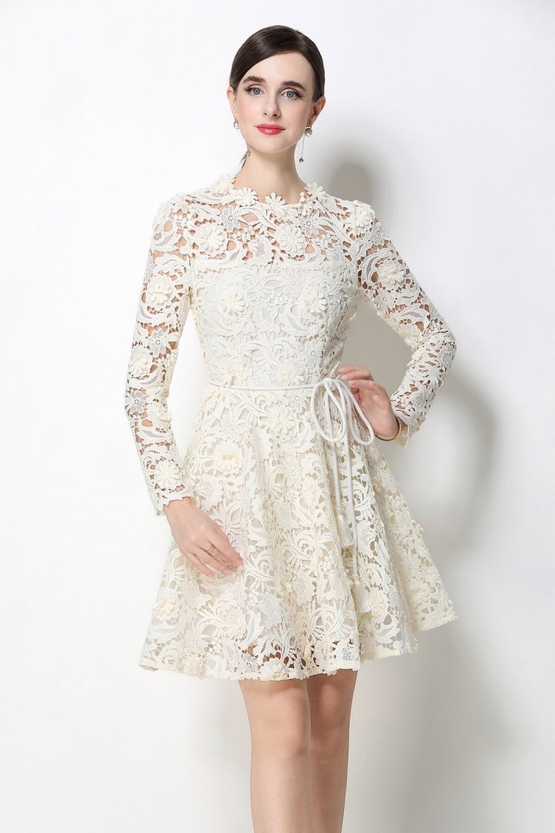 Floral Guipure Lace Long-Sleeve Fit-and-Flare Mini Dress with Rope Tie Belt