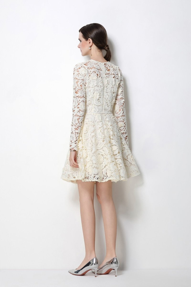 Floral Guipure Lace Long-Sleeve Fit-and-Flare Mini Dress with Rope Tie Belt
