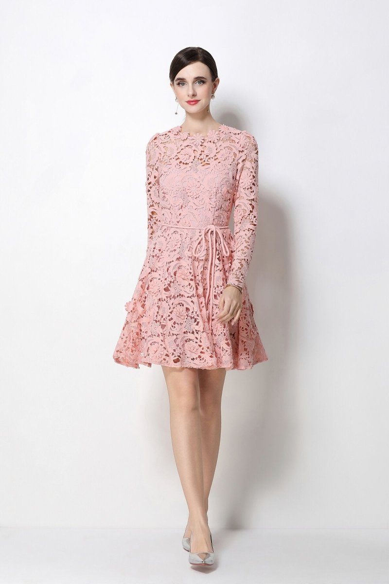 Floral Guipure Lace Long-Sleeve Fit-and-Flare Mini Dress with Rope Tie Belt