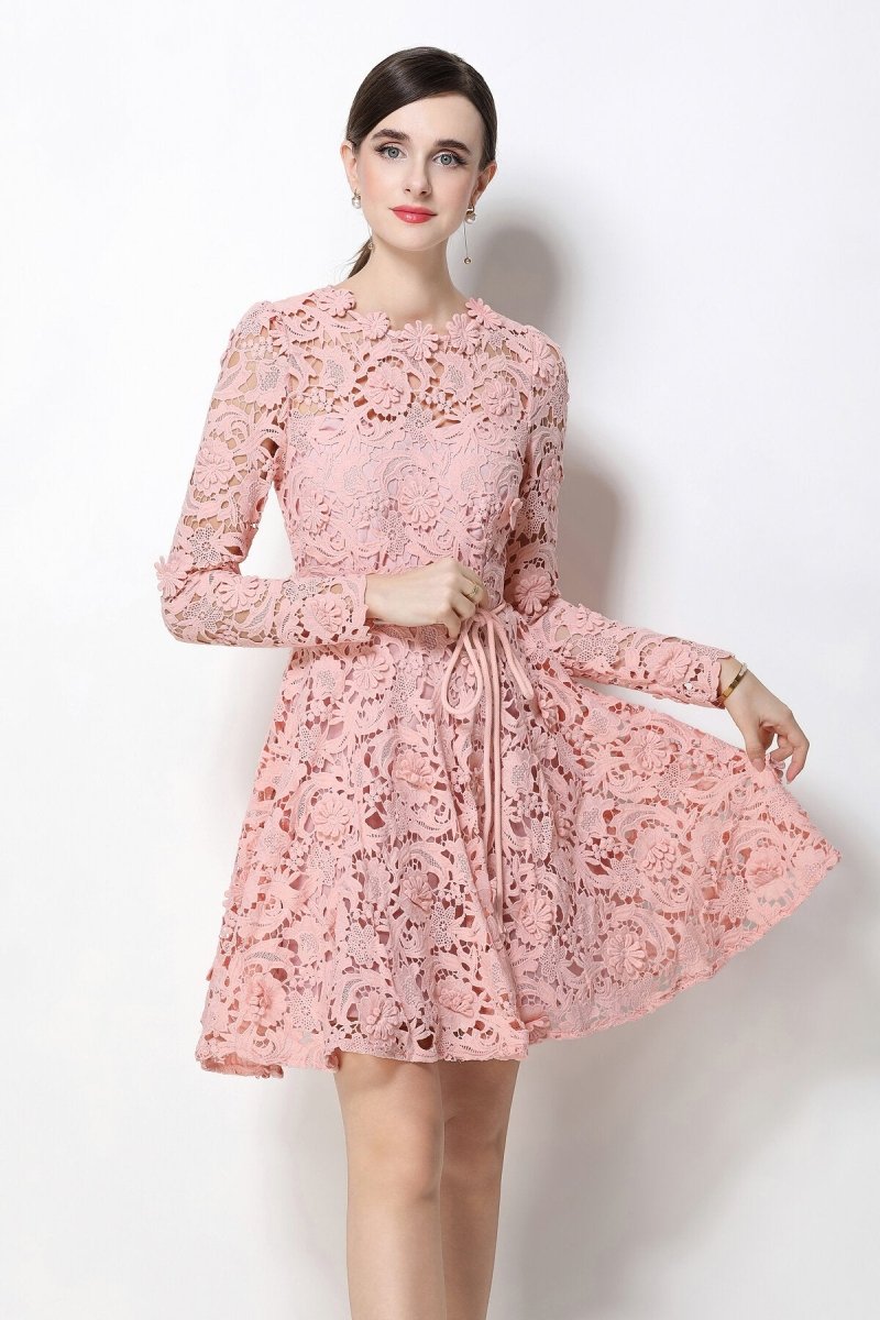 Floral Guipure Lace Long-Sleeve Fit-and-Flare Mini Dress with Rope Tie Belt