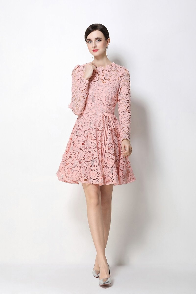 Floral Guipure Lace Long-Sleeve Fit-and-Flare Mini Dress with Rope Tie Belt
