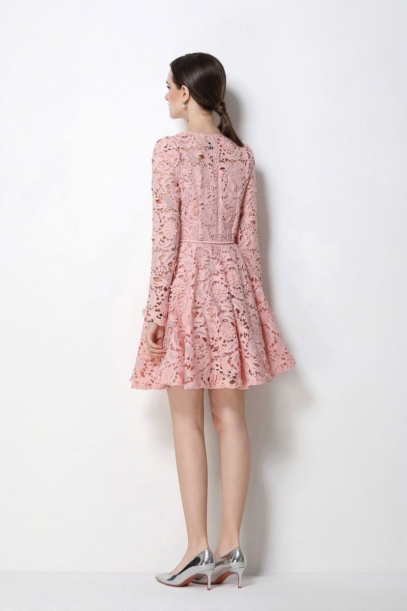 Floral Guipure Lace Long-Sleeve Fit-and-Flare Mini Dress with Rope Tie Belt