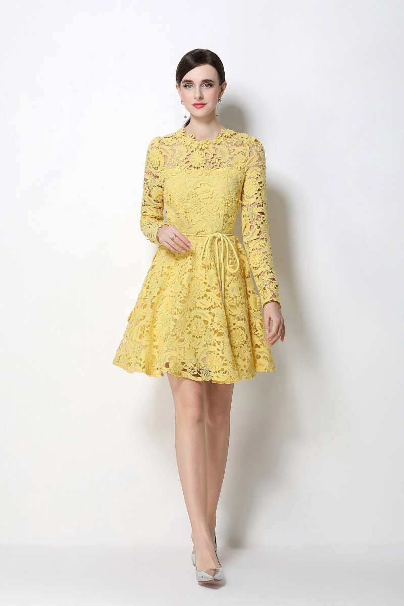 Floral Guipure Lace Long-Sleeve Fit-and-Flare Mini Dress with Rope Tie Belt
