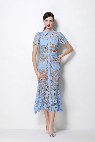 Floral Guipure Lace Point-Collar Mermaid Midi Dress with Crystal Buttons and Belt