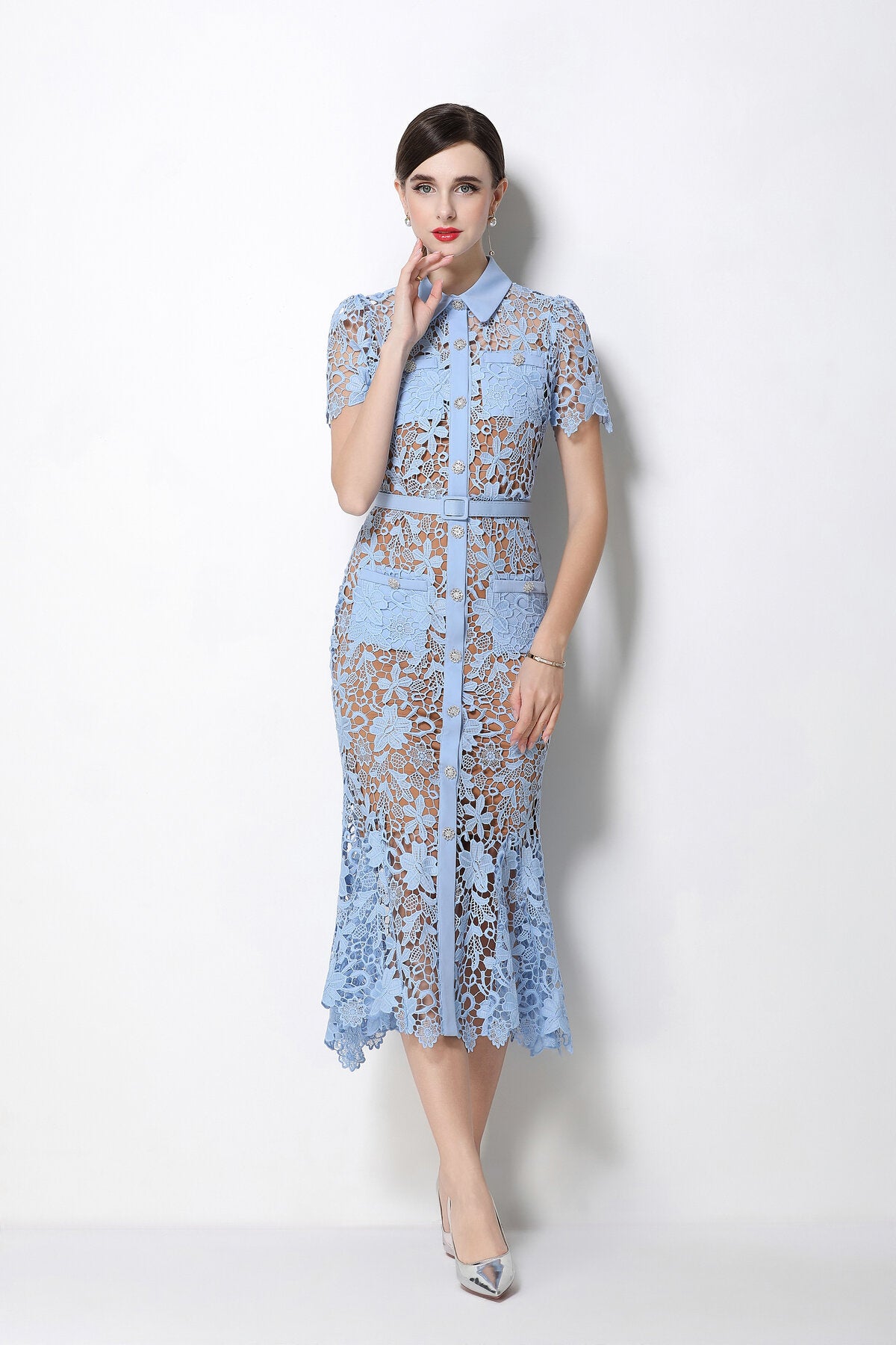 Floral Guipure Lace Point-Collar Mermaid Midi Dress with Crystal Buttons and Belt