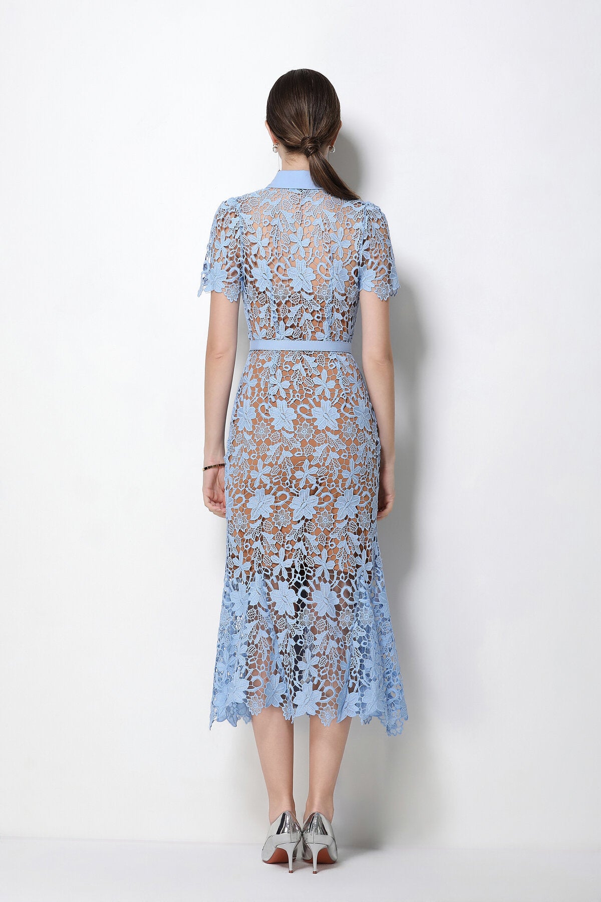 Floral Guipure Lace Point-Collar Mermaid Midi Dress with Crystal Buttons and Belt