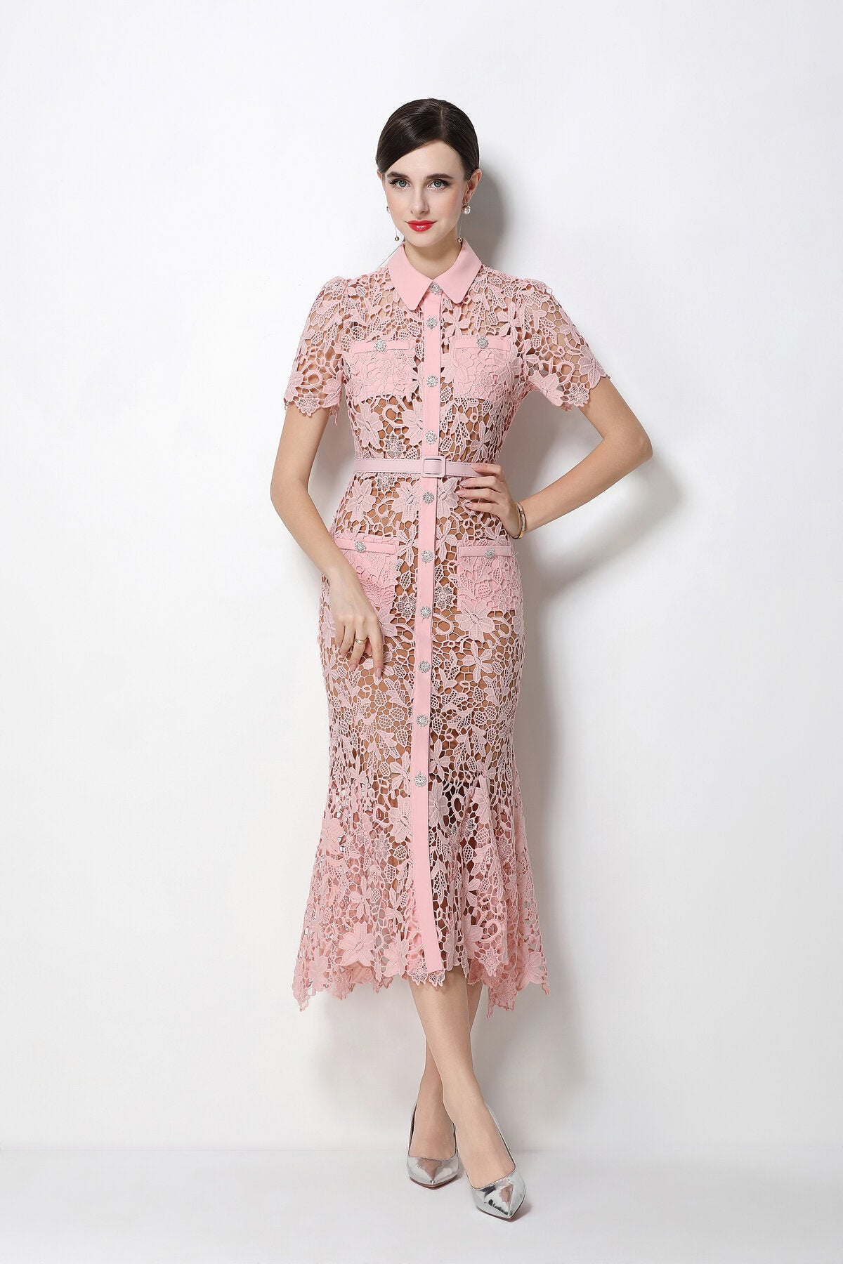 Floral Guipure Lace Point-Collar Mermaid Midi Dress with Crystal Buttons and Belt