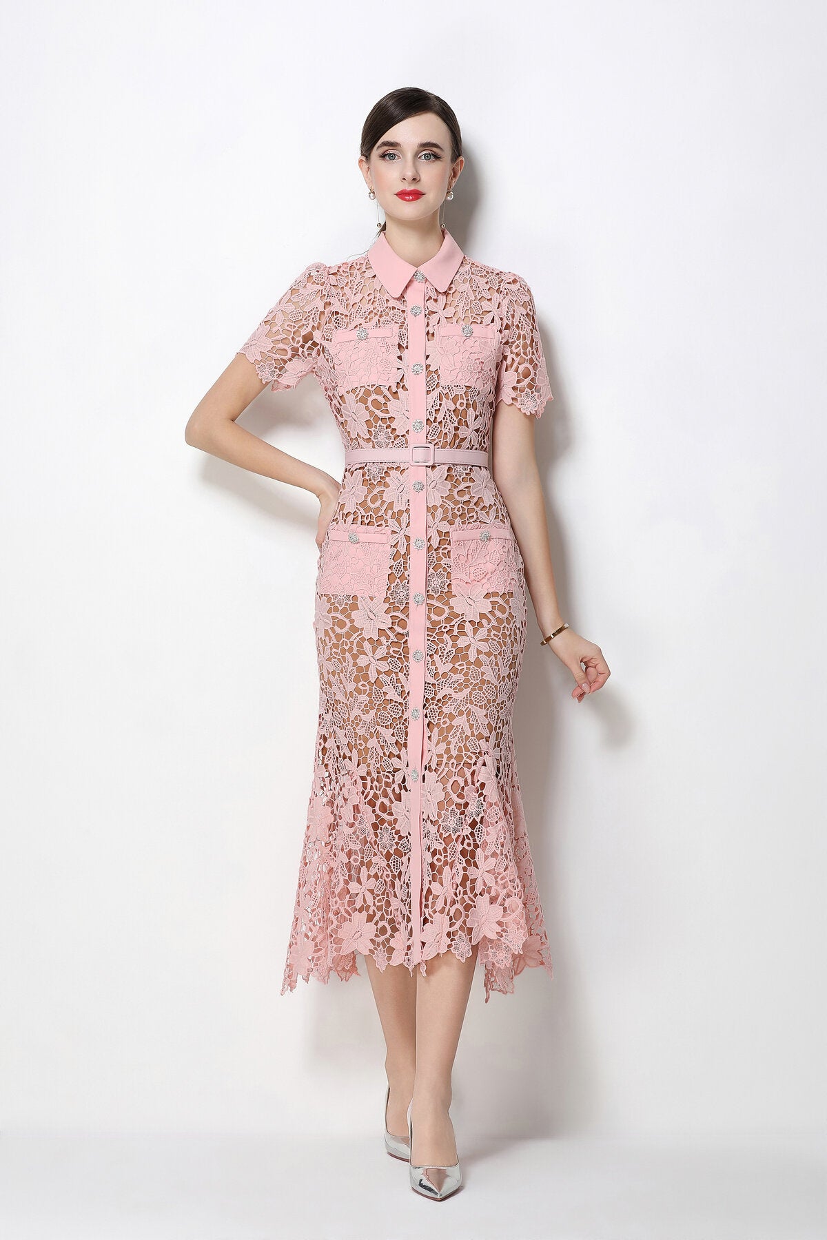Floral Guipure Lace Point-Collar Mermaid Midi Dress with Crystal Buttons and Belt