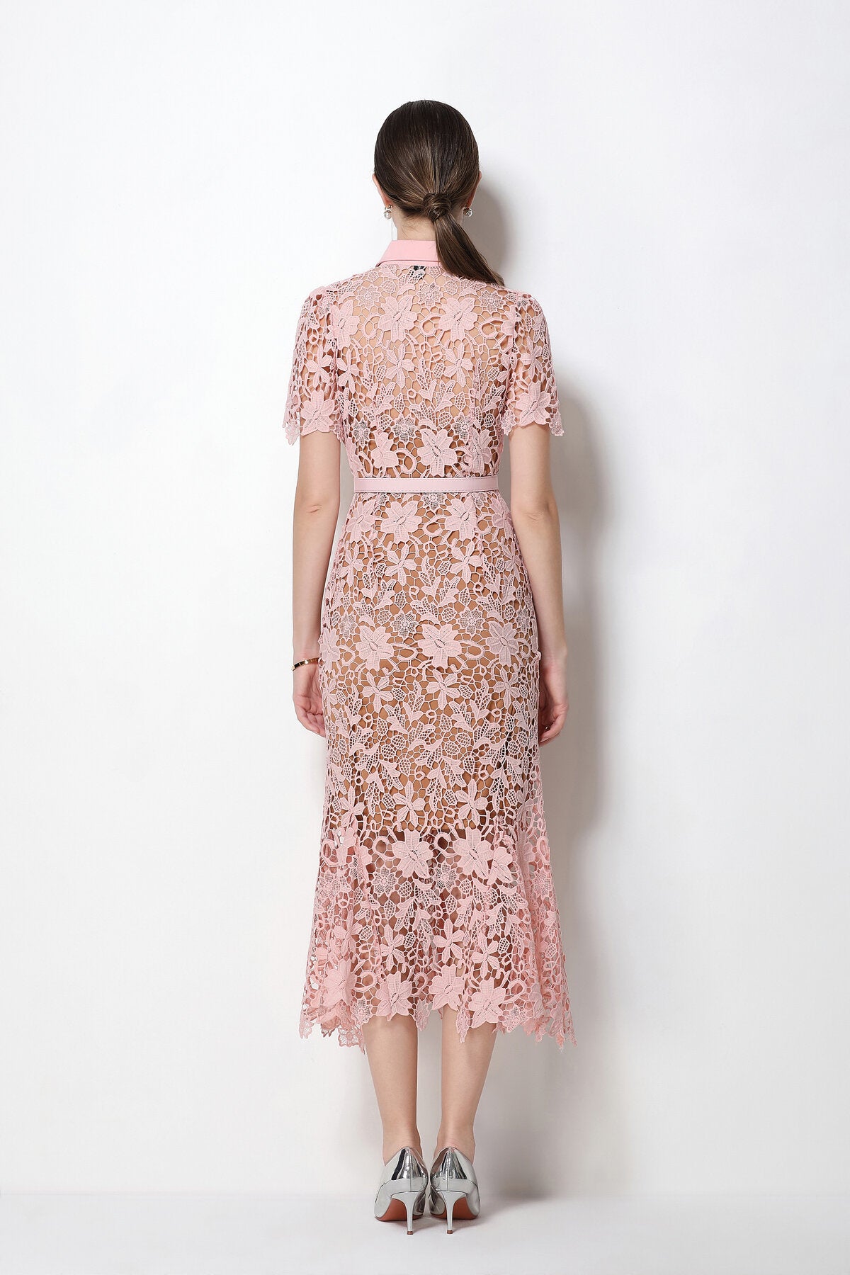 Floral Guipure Lace Point-Collar Mermaid Midi Dress with Crystal Buttons and Belt