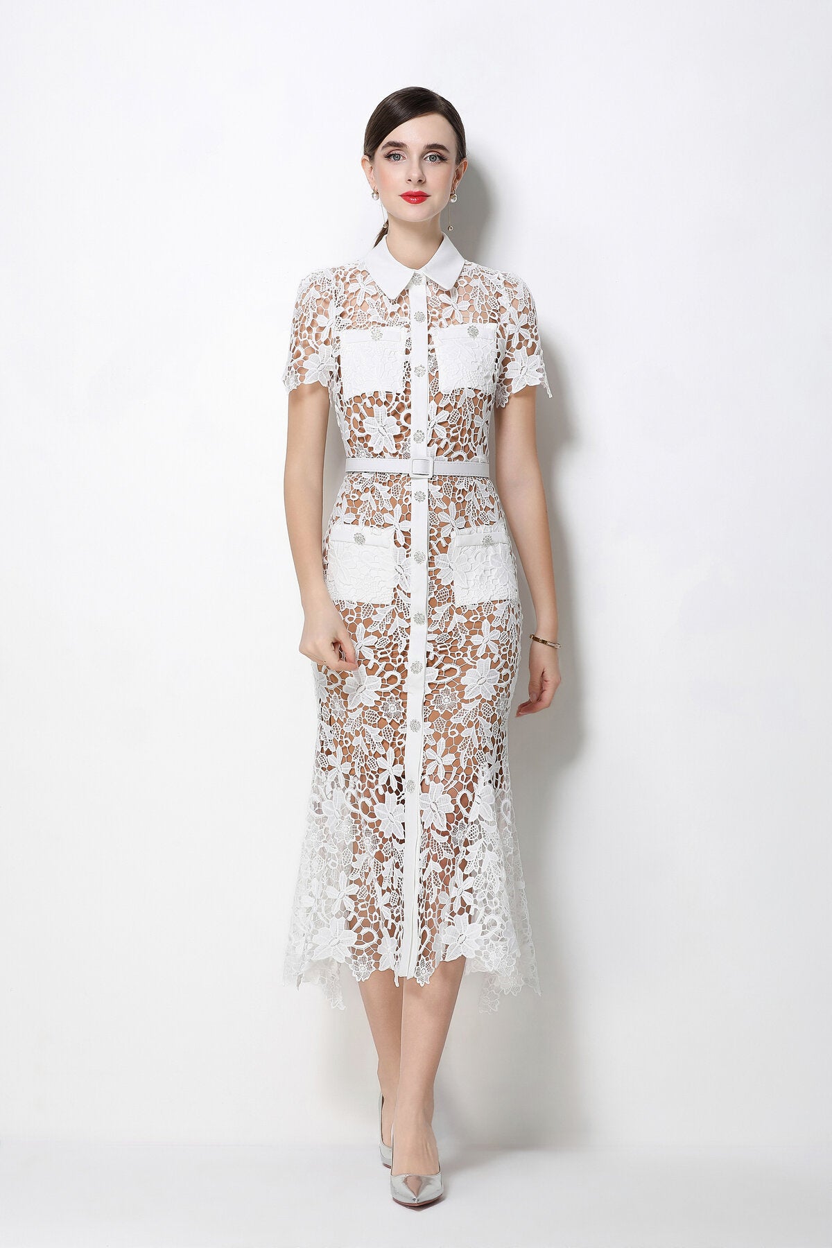Floral Guipure Lace Point-Collar Mermaid Midi Dress with Crystal Buttons and Belt