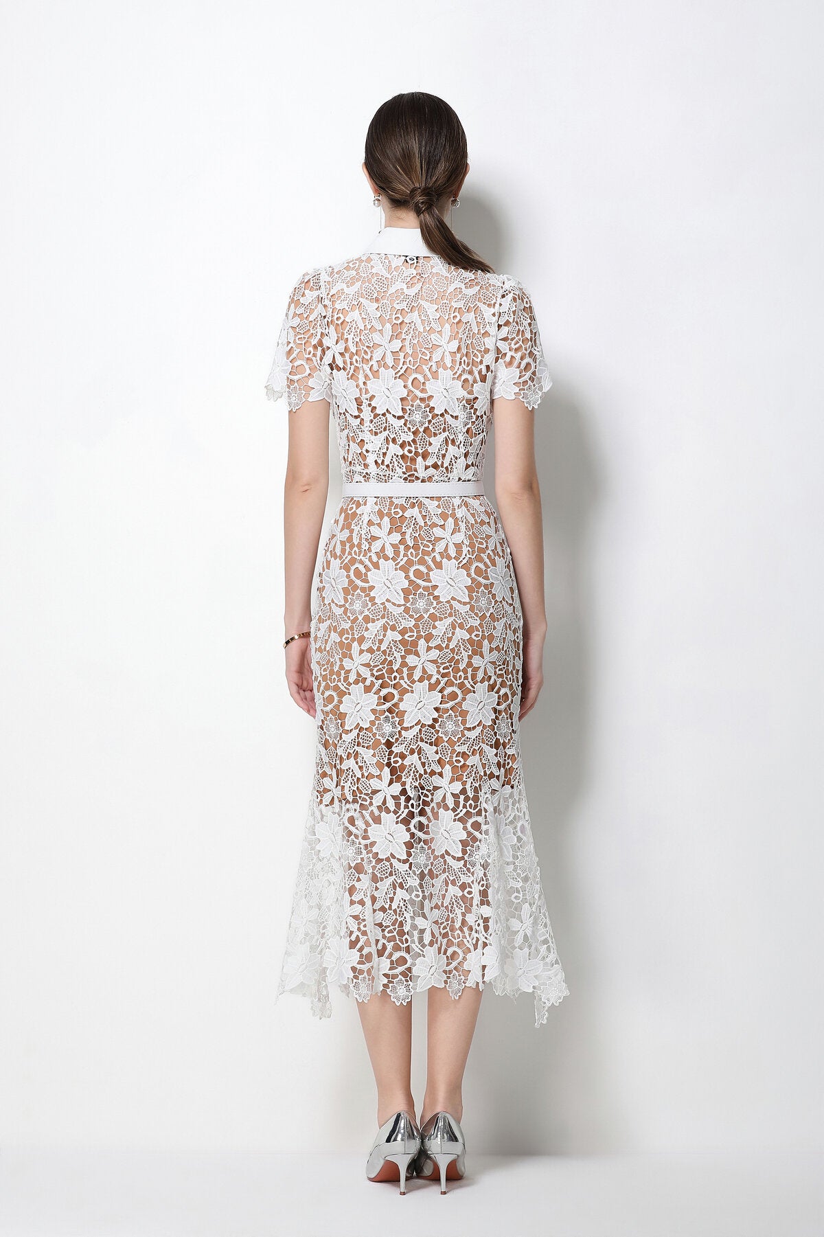 Floral Guipure Lace Point-Collar Mermaid Midi Dress with Crystal Buttons and Belt