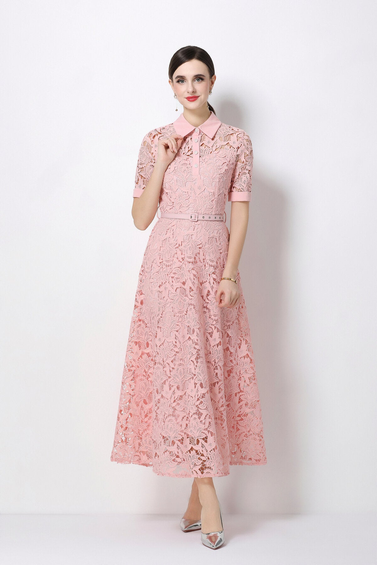 Floral Guipure Lace Shirt Collar Midi Dress