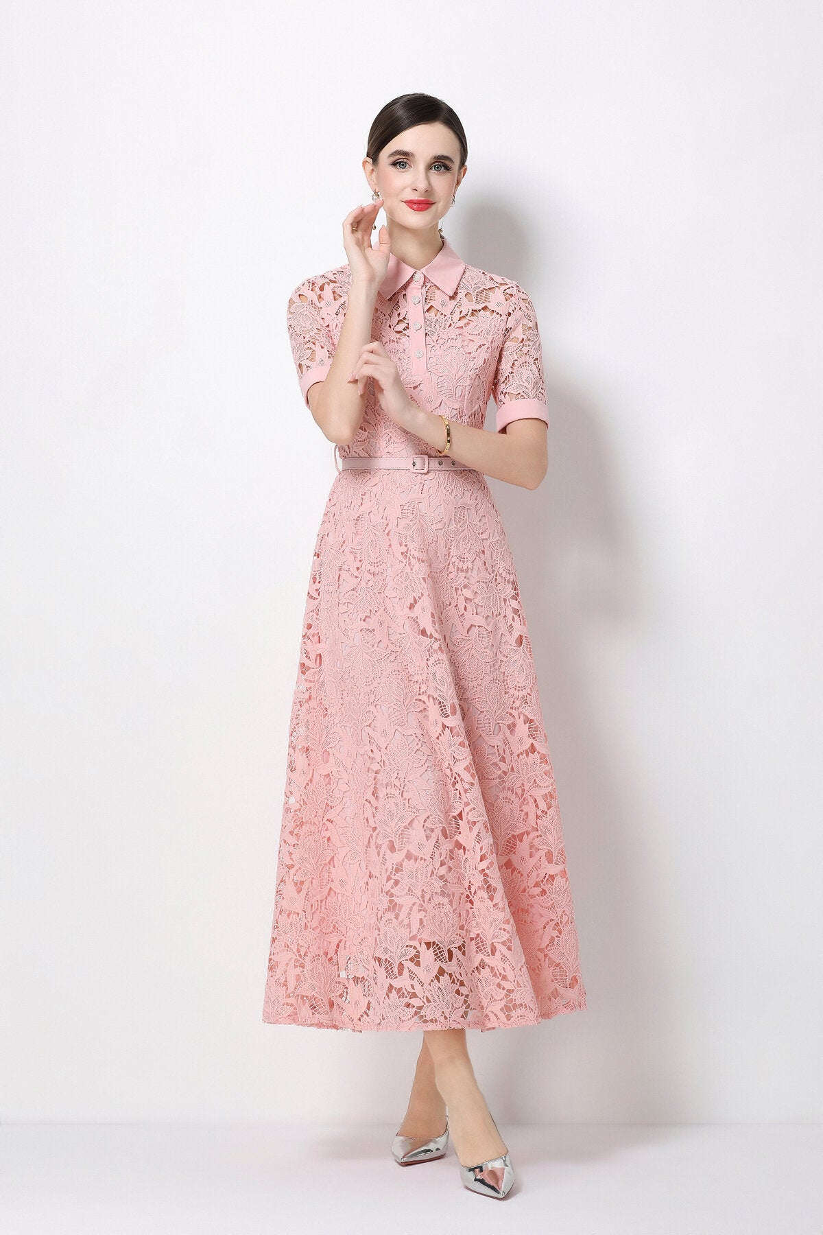 Floral Guipure Lace Shirt Collar Midi Dress