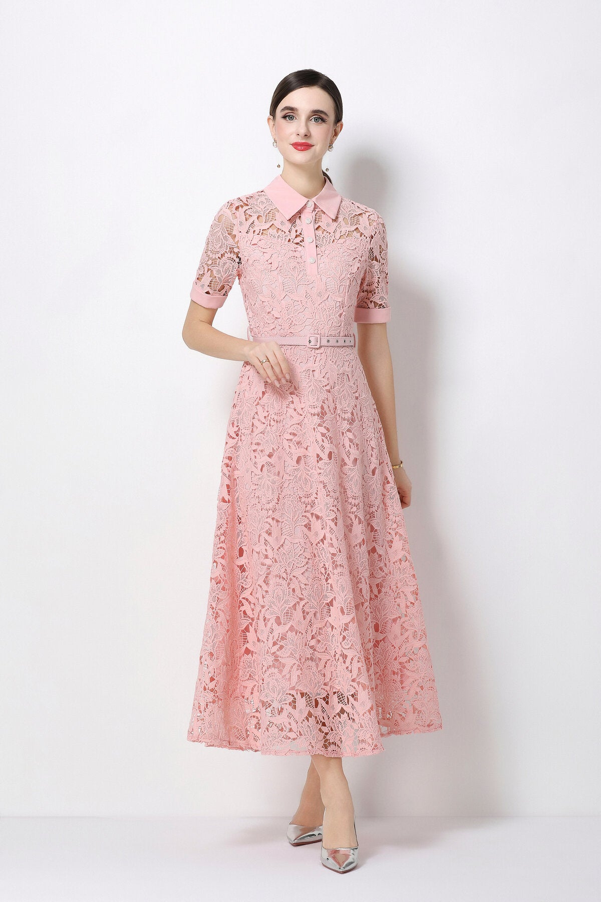 Floral Guipure Lace Shirt Collar Midi Dress