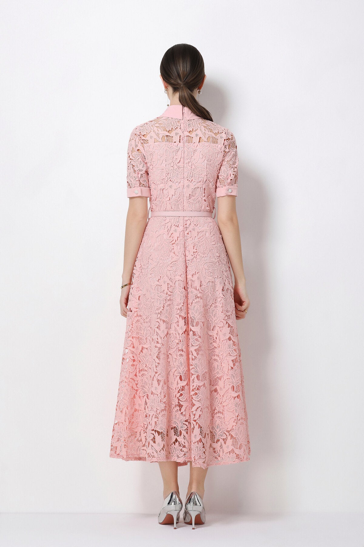 Floral Guipure Lace Shirt Collar Midi Dress