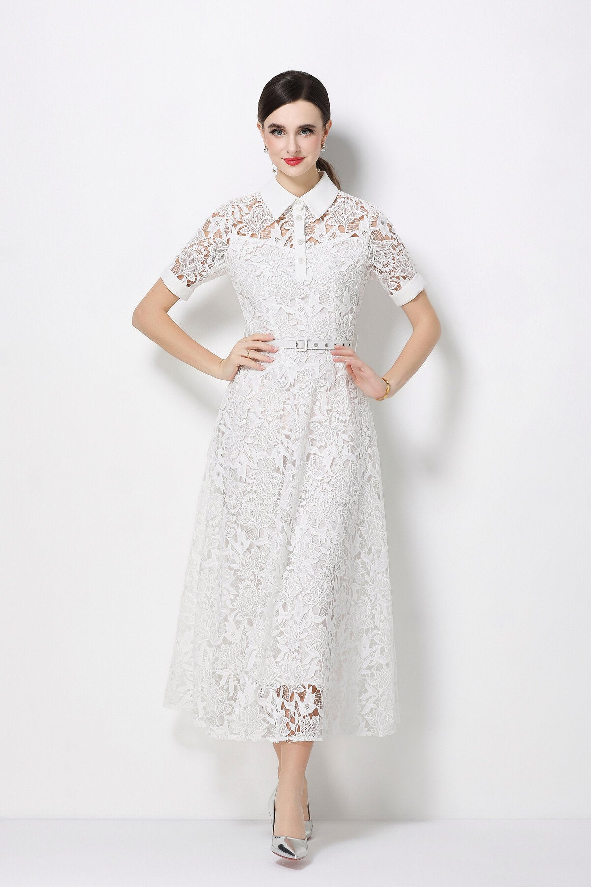 Floral Guipure Lace Shirt Collar Midi Dress