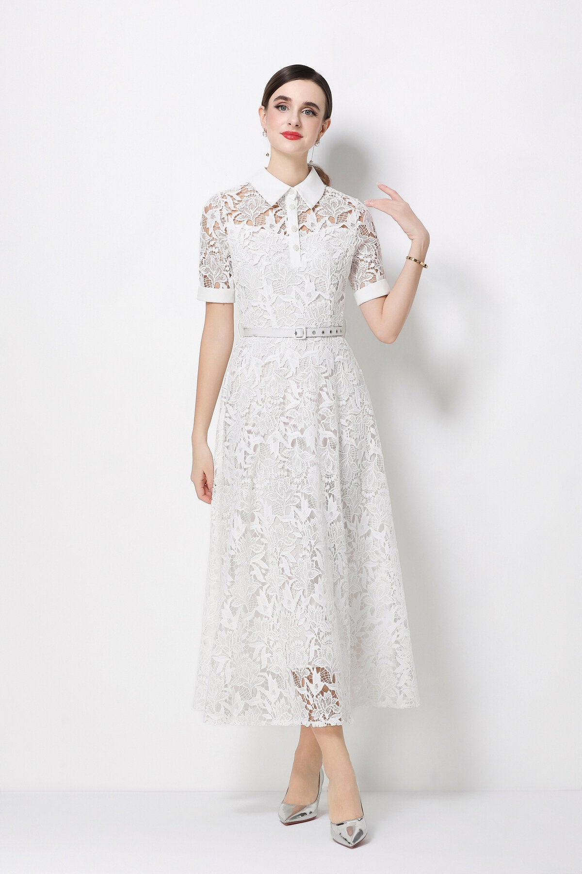 Floral Guipure Lace Shirt Collar Midi Dress